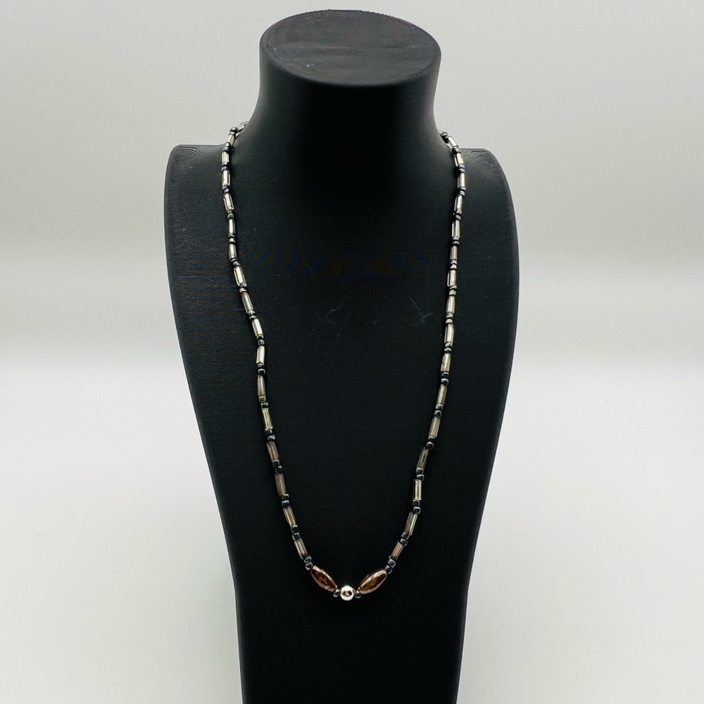 Vintage Mixed Metal Bead Necklace Brown Silver Tube Beads